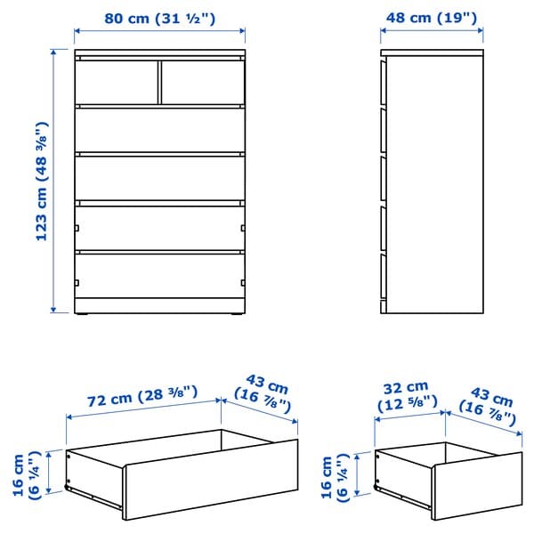 Ikea MALM - Chest of 6 drawers, high-gloss white, 80x123 cm