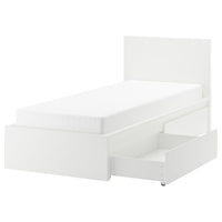 MALM bed frame, high, w 2 storage boxes, white/Leirsund, 90x200 cm