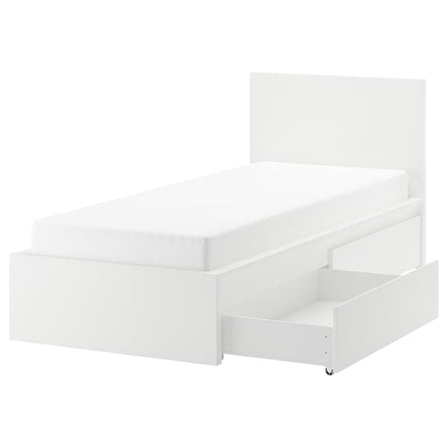 MALM Bed frame, high / 2 storage boxes, white / Lindbåden, 90x200 cm