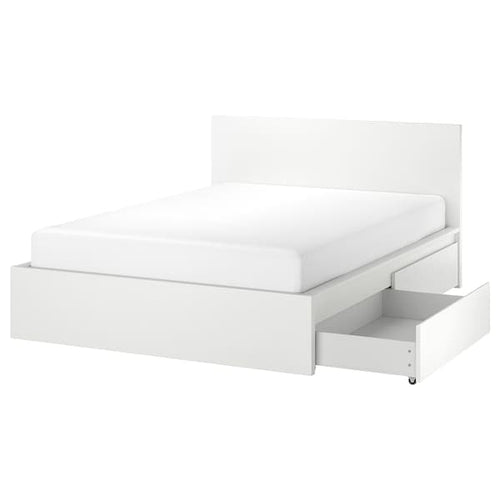 MALM - Bed frame, high, w 2 storage boxes, white/Lönset, 180x200 cm