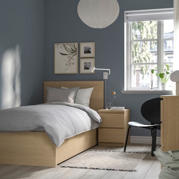 Ikea MALM - High bed frame/2 storage units, mord white oak veneer/Lindbåden, 90x200 cm