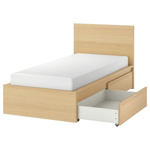 MALM - High bed frame/2 storage units, mord white oak veneer/Lindbåden, 90x200 cm