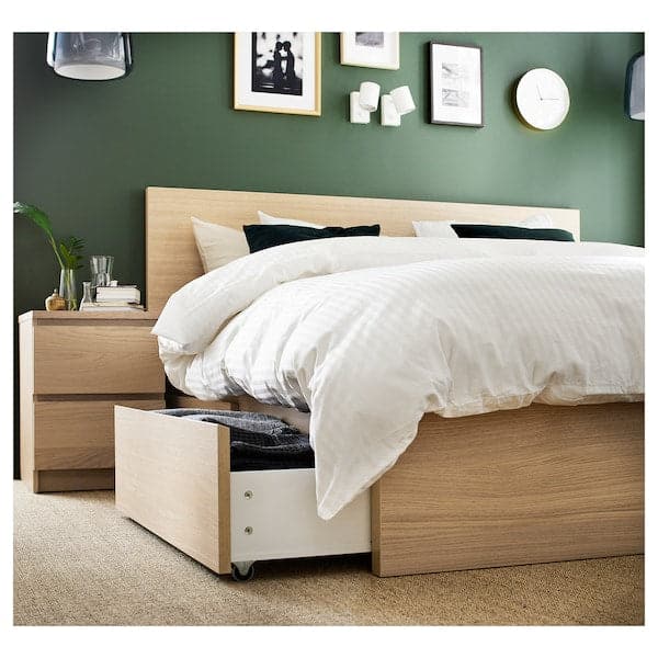 MALM - Bed frame, high, w 2 storage boxes, white stained oak veneer/Lönset - Premium Beds & Bed Frames from Ikea - Just €564.99! Shop now at Maltashopper.com