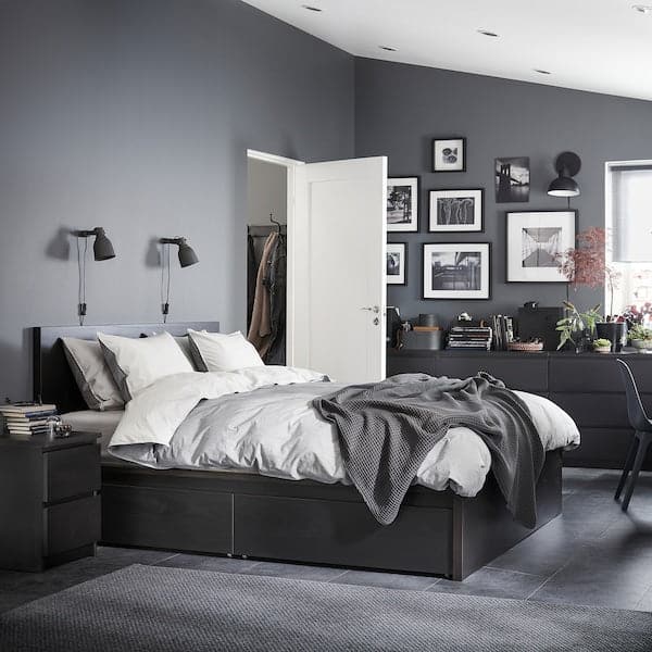 MALM Bed frame, high / 2 storage boxes, black-brown / Lindbåden, 140x200 cm , 140x200 cm - best price from Maltashopper.com 99494955