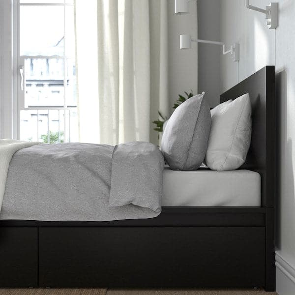 MALM Bed frame, high / 2 storage boxes, black-brown / Lindbåden, 160x200 cm - best price from Maltashopper.com 79494956