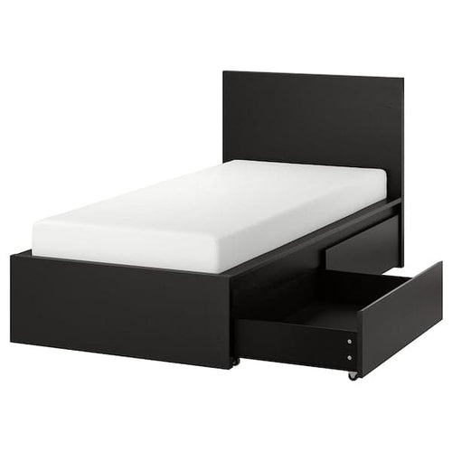 MALM High bed frame/2 containers, brown-black/Lindbåden, 90x200 cm