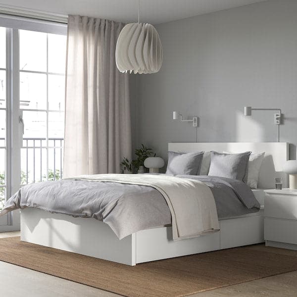 Ikea MALM Bed frame, high / 4 storage boxes, white / Lindbåden, 160x200 cm
