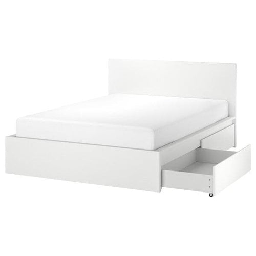 MALM - Bed frame, high, w 4 storage boxes, white/Lönset, 180x200 cm