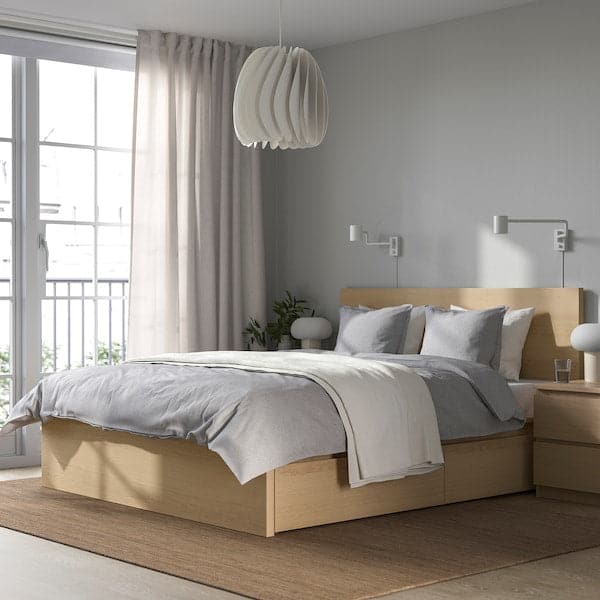 Ikea MALM - Bed frame, high, w 4 storage boxes, white stained oak veneer/Luröy, 180x200 cm