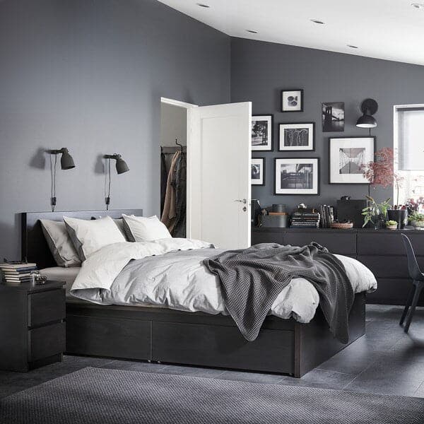Ikea MALM Tall bed structure/4 containers - brown-black/Lönset 140x200 cm