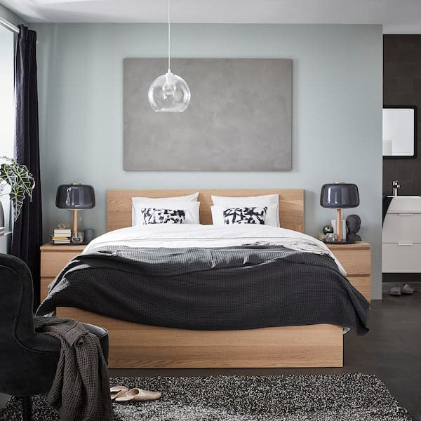 Ikea MALM High bed frame, mord white oak veneer/Lindbåden, 180x200 cm