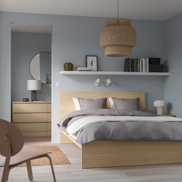 Ikea MALM High bed frame, mord white oak veneer/Lindbåden, 180x200 cm