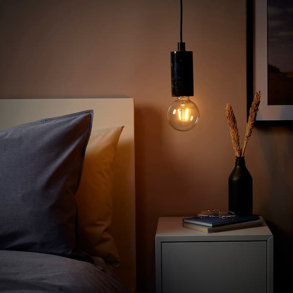 Ikea MARKFROST / LUNNOM - Pendant lamp with bulb, black marble/transparent globe ,