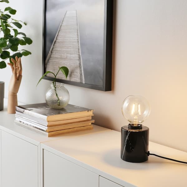MARKFROST / LUNNOM - Table lamp with bulb, black marble/globe transparent , - best price from Maltashopper.com 59494448