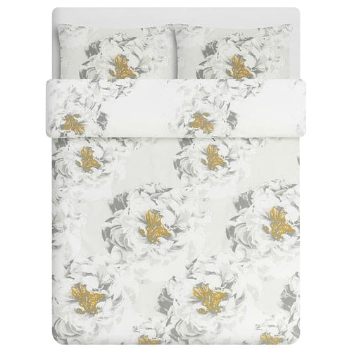 MATTFIBBLA Duvet cover and 2 pillowcases, white yellow/flower, 240x220/50x80 cm