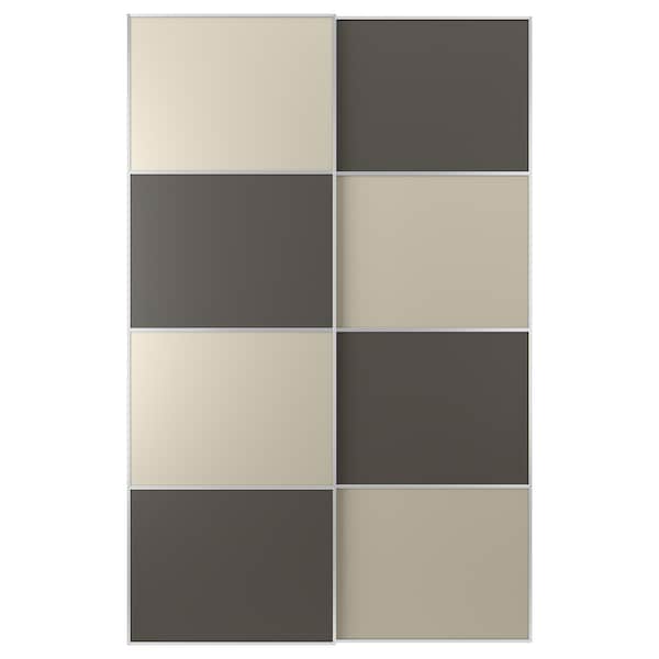 Ikea MEHAMN - Pair of sliding doors, aluminium double sided/dark grey grey-beige, 150x236 cm