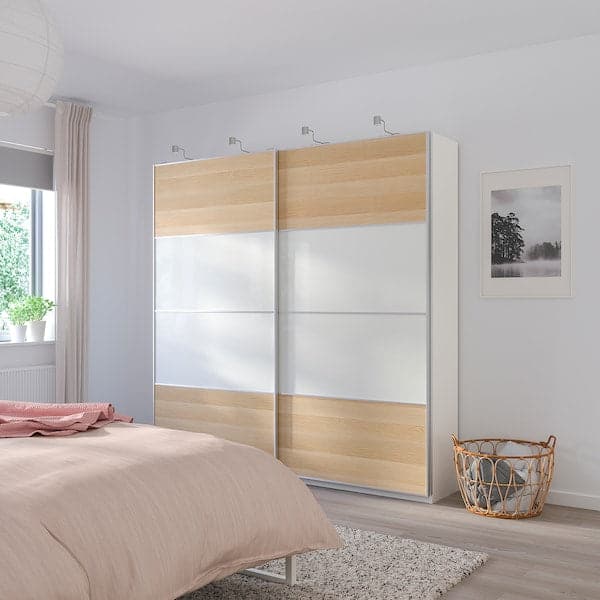 MEHAMN - Pair of sliding doors, double sided white stained oak effect/white, 150x201 cm - best price from Maltashopper.com 79439762