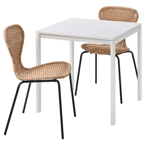 MELLTORP / ÄLVSTA - Table and 2 chairs, white white/rattan black, 75x75 cm