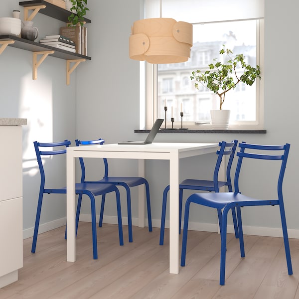 MELLTORP / GENESÖN - Table and 4 chairs, white white/metal blue, 125 cm
