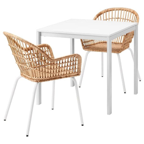 MELLTORP / NILSOVE - Table and 2 chairs, white rattan/white, 75x75 cm
