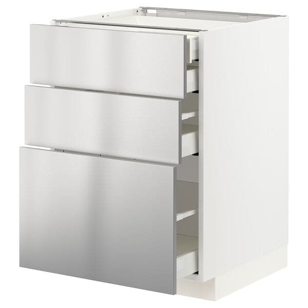 METOD / MAXIMERA - Base cb 3 frnts/2 low/1 md/1 hi drw, white/Vårsta stainless steel, 60x60 cm