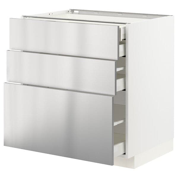 METOD / MAXIMERA - Base cb 3 frnts/2 low/1 md/1 hi drw, white/Vårsta stainless steel, 80x60 cm - best price from Maltashopper.com 49329840