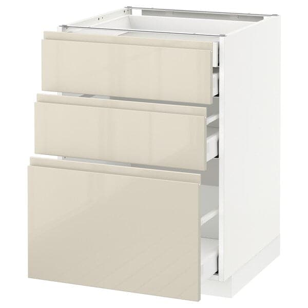 METOD / MAXIMERA - Base cb 3 frnts/2 low/1 md/1 hi drw, white/Voxtorp high-gloss light beige , 60x60 cm
