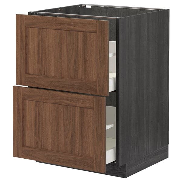 METOD / MAXIMERA base cb 2 fronts/2 high drawers, black Enköping/brown walnut effect, 60x60 cm