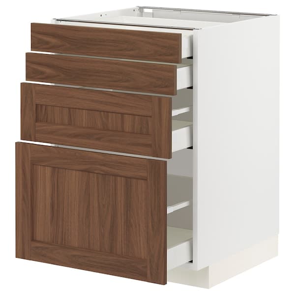 METOD / MAXIMERA - Base cab 4 frnts/4 drawers, white Enköping/brown walnut effect, 60x60 cm