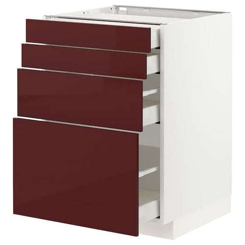 METOD / MAXIMERA - Base cab 4 frnts/4 drawers, white Kallarp/high-gloss dark red-brown, 60x60 cm