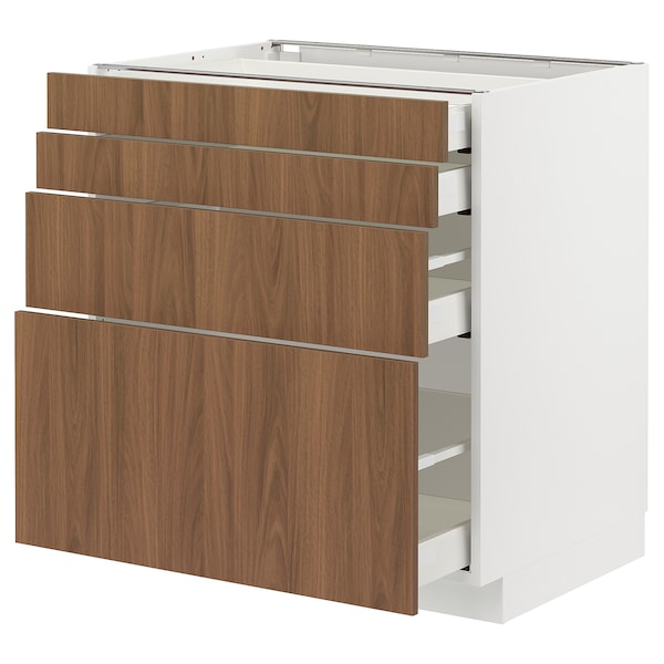 METOD / MAXIMERA - Base cab 4 frnts/4 drawers, white/Tistorp brown walnut effect, 80x60 cm