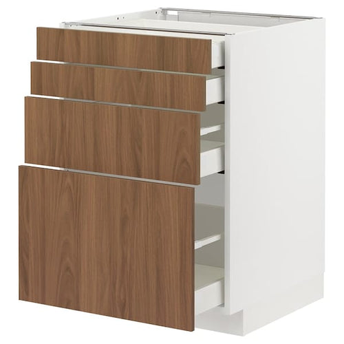 METOD / MAXIMERA - Base cab 4 frnts/4 drawers, white/Tistorp brown walnut effect, 60x60 cm