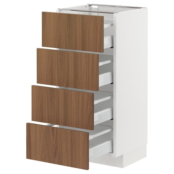 METOD / MAXIMERA - Base cab 4 frnts/4 drawers, white/Tistorp brown walnut effect, 40x37 cm