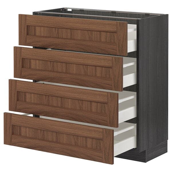 METOD / MAXIMERA - Base cab 4 frnts/4 drawers, black Enköping/brown walnut effect, 80x37 cm