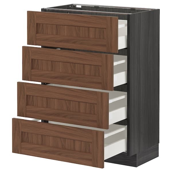 METOD / MAXIMERA - Base cab 4 frnts/4 drawers, black Enköping/brown walnut effect, 60x37 cm