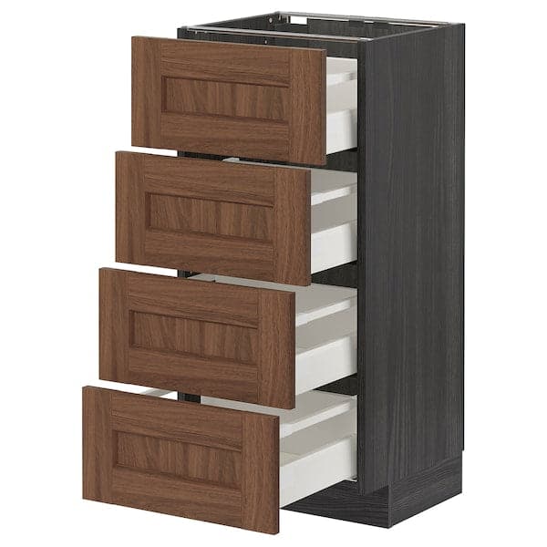 METOD / MAXIMERA - Base cab 4 frnts/4 drawers, black Enköping/brown walnut effect, 40x37 cm