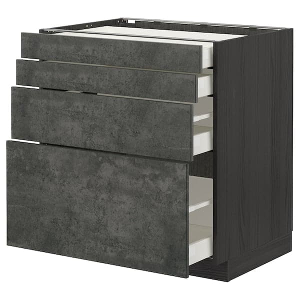 METOD / MAXIMERA base cab 4 frnts/4 drawers, black/Kalhyttan dark grey concrete effect, 80x60 cm