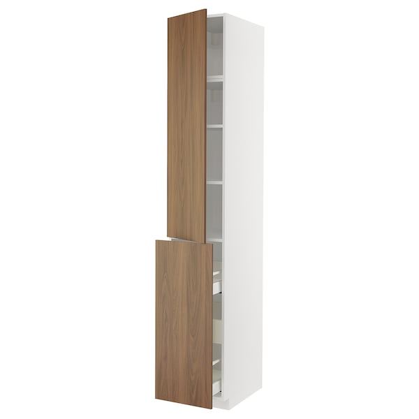 Ikea METOD / MAXIMERA - Hc w p-o func 3drw/1dr/2shlv, white/Tistorp brown walnut effect, 40x60x240 cm