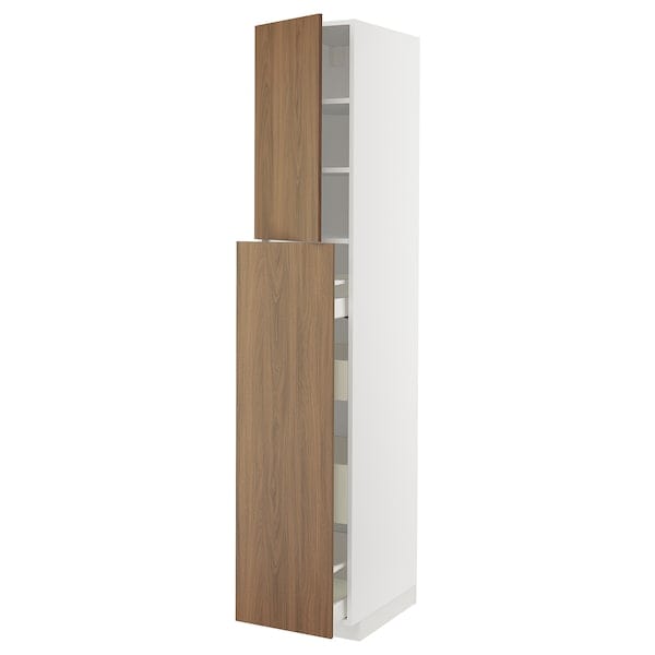 Ikea METOD / MAXIMERA - Hc w p-o func 4drw/1dr/2shlv, white/Tistorp brown walnut effect, 40x60x220 cm