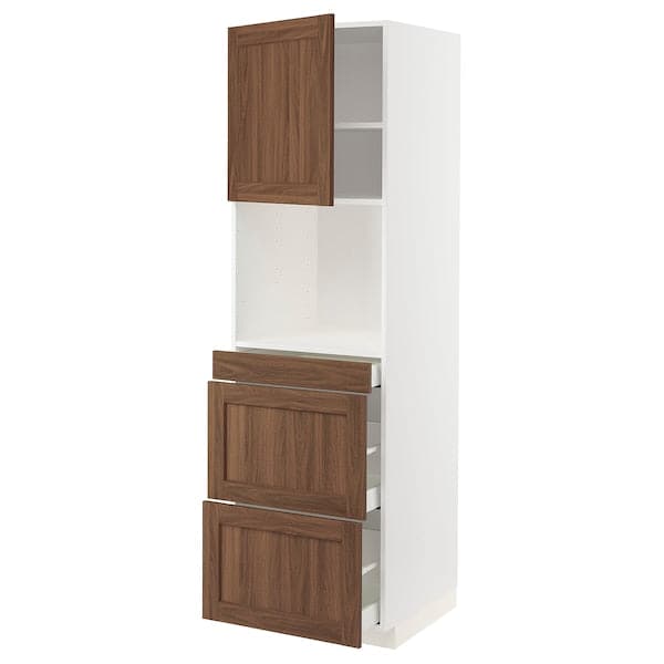 METOD / MAXIMERA - Hi cab f micro combi w door/3 drwrs, white Enköping/brown walnut effect, 60x60x200 cm