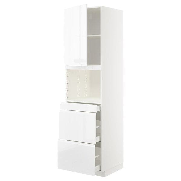 METOD / MAXIMERA - Hi cab f micro combi w door/3 drwrs, white/Voxtorp high-gloss/white, 60x60x220 cm - best price from Maltashopper.com 39459988