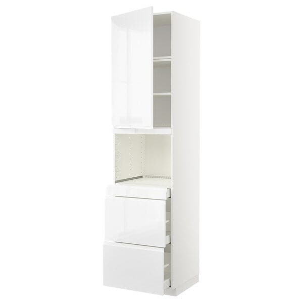 METOD / MAXIMERA - Hi cab f micro combi w door/3 drwrs, white/Voxtorp high-gloss/white, 60x60x240 cm