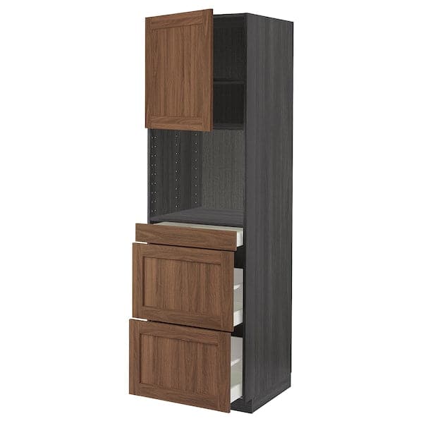 Ikea METOD / MAXIMERA - Hi cab f micro combi w door/3 drwrs, black Enköping/brown walnut effect, 60x60x200 cm