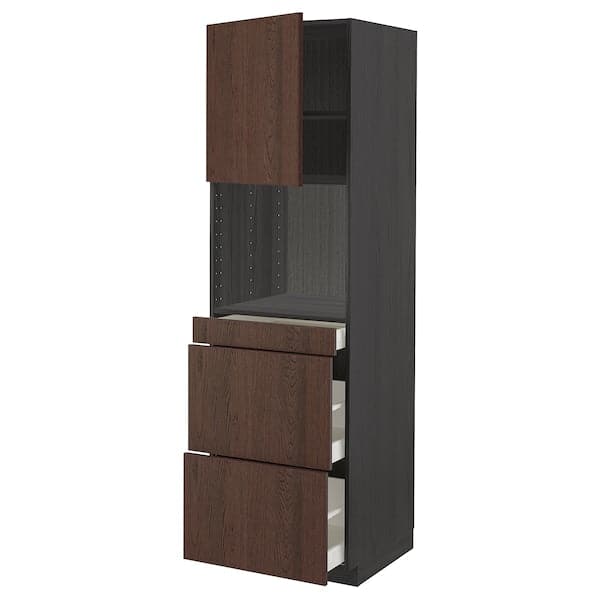 METOD / MAXIMERA - Hi cab f micro combi w door/3 drwrs, black/Sinarp brown , 60x60x200 cm - best price from Maltashopper.com 79466963