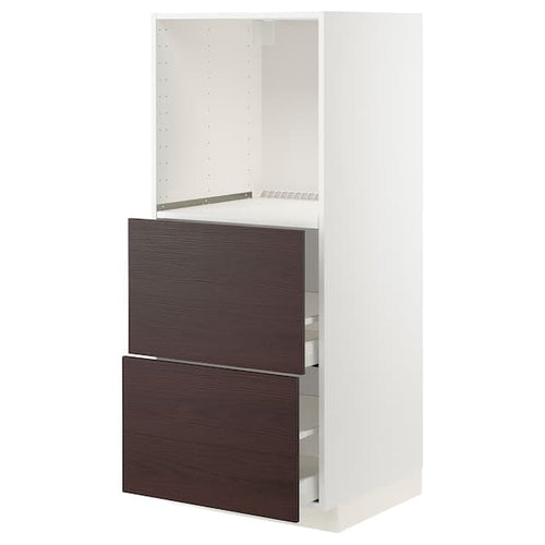 METOD / MAXIMERA - High cabinet w 2 drawers for oven, white Askersund/dark brown ash effect , 60x60x140 cm