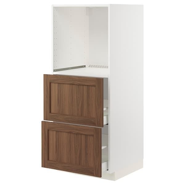 Ikea METOD / MAXIMERA - High cabinet w 2 drawers for oven, white Enköping/brown walnut effect, 60x60x140 cm