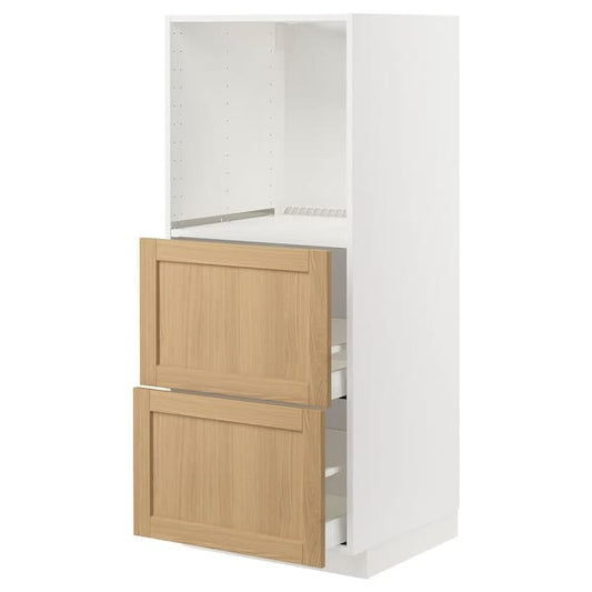 Ikea METOD / MAXIMERA - High cabinet w 2 drawers for oven, white/Forsbacka oak, 60x60x140 cm
