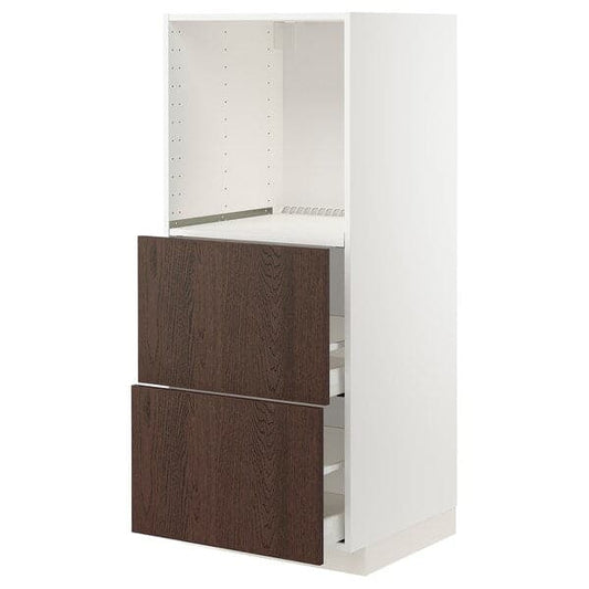 Ikea METOD / MAXIMERA - High cabinet w 2 drawers for oven, white/Sinarp brown , 60x60x140 cm