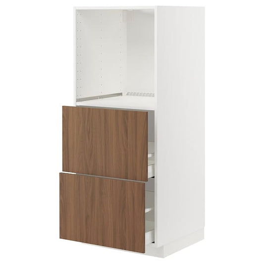 Ikea METOD / MAXIMERA - High cabinet w 2 drawers for oven, white/Tistorp brown walnut effect, 60x60x140 cm