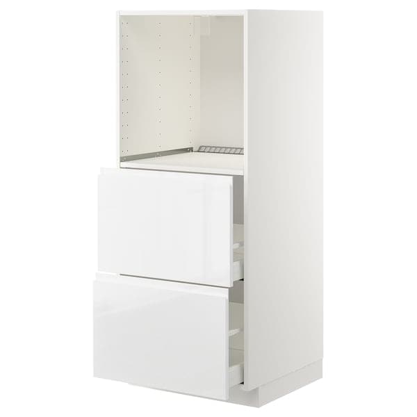 METOD / MAXIMERA - High cabinet w 2 drawers for oven, white/Voxtorp high-gloss/white